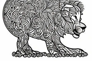 Full tree of life with a lion sitting underneath with mouth closed. 3 chocolate labs sitting underneath the tree as well.  Sunset behind the tree tattoo idea