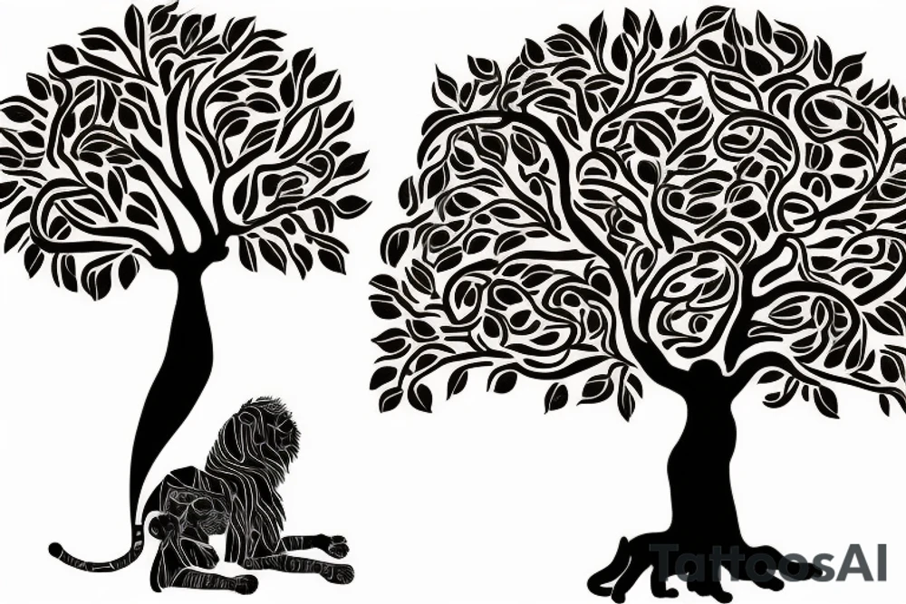 Full tree of life with a lion sitting underneath with mouth closed. 3 chocolate labs sitting underneath the tree as well.  Sunset behind the tree tattoo idea