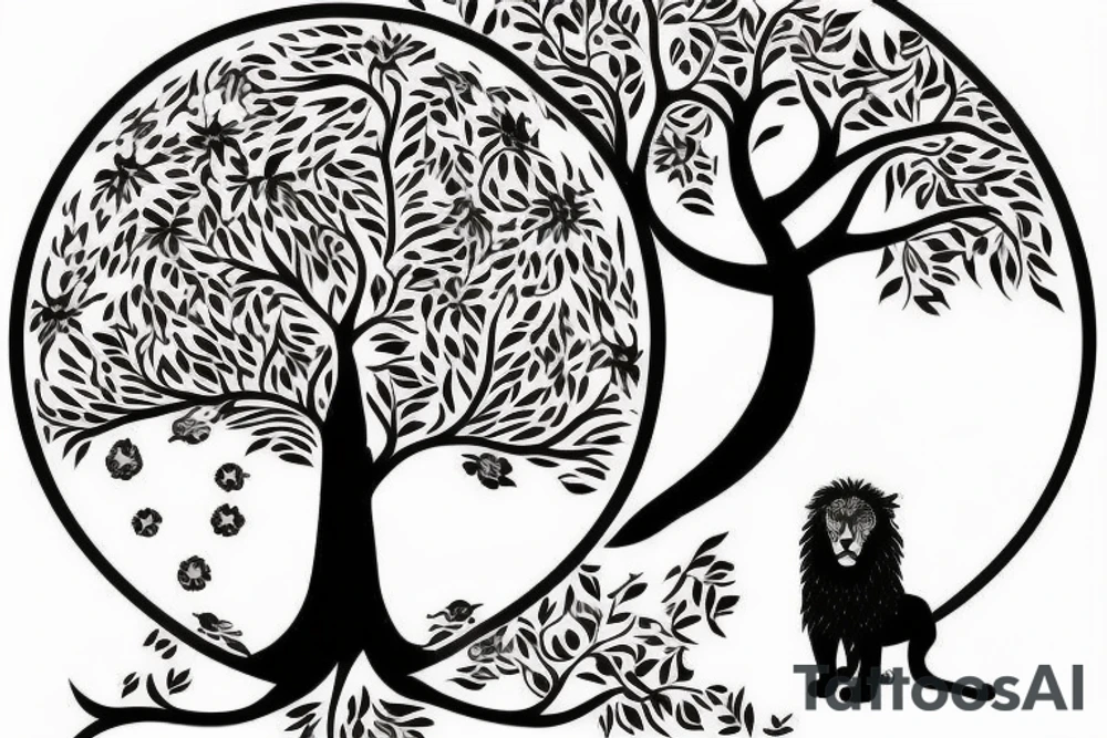 Full tree of life with a lion sitting underneath with mouth closed. 3 chocolate labs sitting underneath the tree as well.  Sunset behind the tree tattoo idea