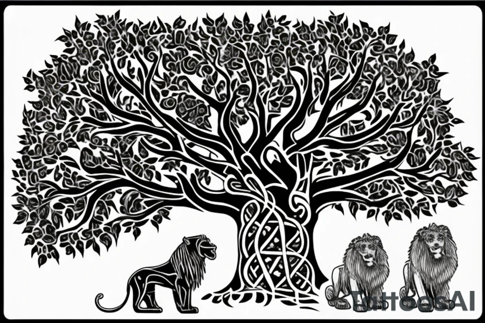 Full tree of life with a lion sitting underneath with mouth closed. 3 chocolate labs sitting underneath the tree as well.  Sunset behind the tree tattoo idea
