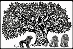 Full tree of life with a lion sitting underneath with mouth closed. 3 chocolate labs sitting underneath the tree as well.  Sunset behind the tree tattoo idea
