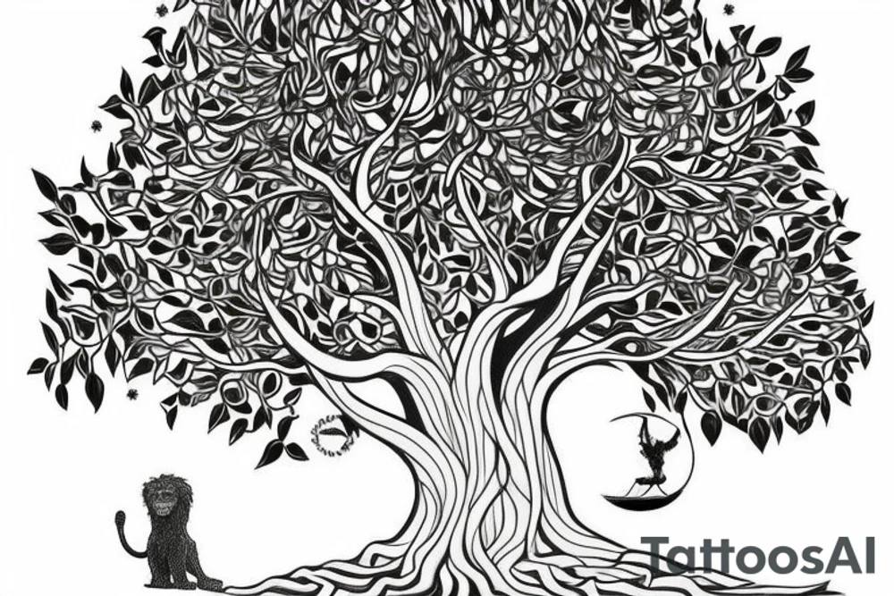 Full tree of life with a lion sitting underneath with mouth closed. 3 chocolate labs sitting underneath the tree as well.  Sunset behind the tree tattoo idea