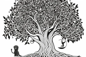 Full tree of life with a lion sitting underneath with mouth closed. 3 chocolate labs sitting underneath the tree as well.  Sunset behind the tree tattoo idea