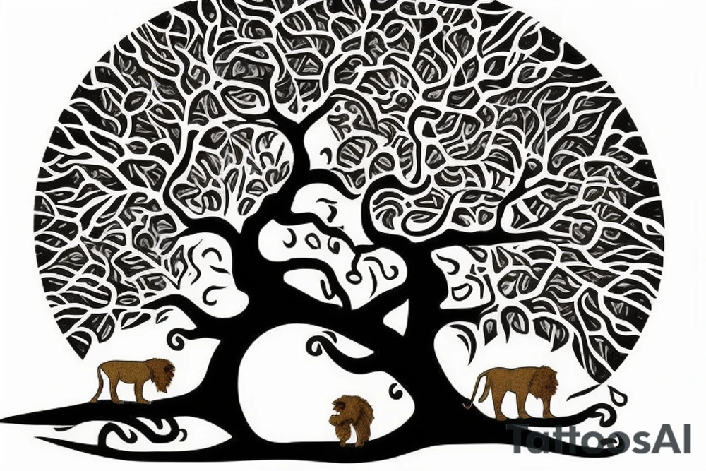 Full tree of life with a lion sitting underneath with mouth closed. 3 chocolate labs sitting underneath the tree as well.  Sunset behind the tree tattoo idea