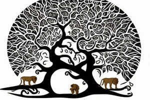 Full tree of life with a lion sitting underneath with mouth closed. 3 chocolate labs sitting underneath the tree as well.  Sunset behind the tree tattoo idea
