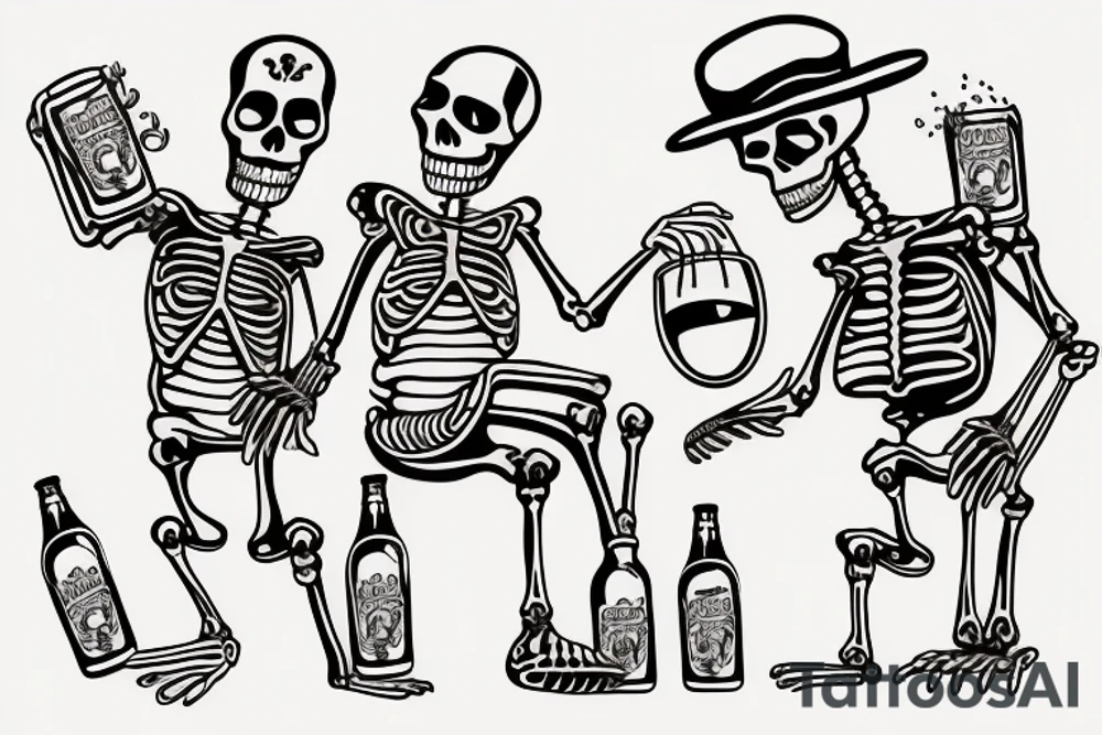 Two Mexican skeletons toasting with beer tattoo idea