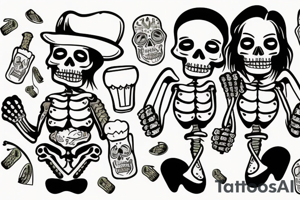 Two Mexican skeletons toasting with beer tattoo idea