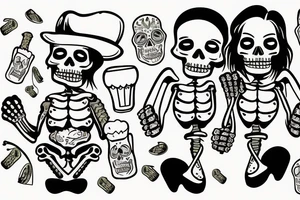 Two Mexican skeletons toasting with beer tattoo idea