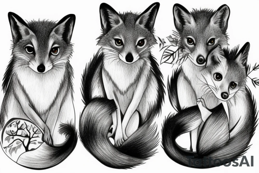 A family of tree foxes playing tattoo idea