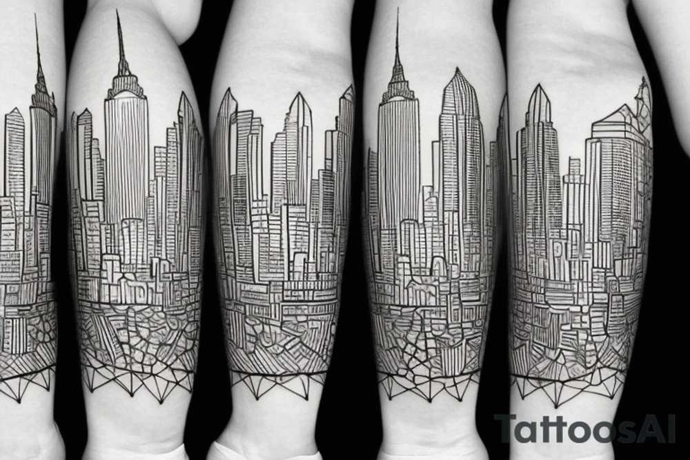 Skyline of New York City inside a geometric pattern tattoo idea Skyline of New York City inside a geometric pattern tattoo idea