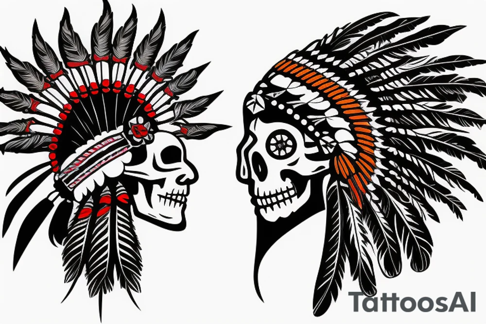 Indian chief, profile skull with long feathers tattoo idea
