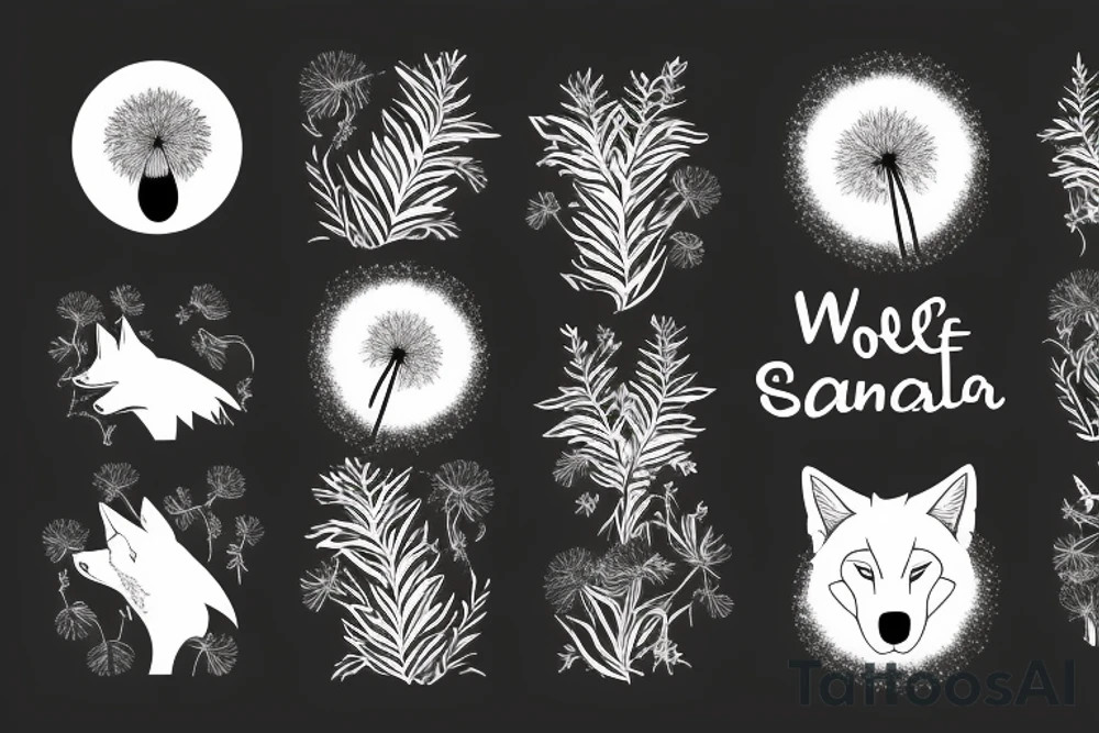 wolf in the forest with dandelion tattoo idea