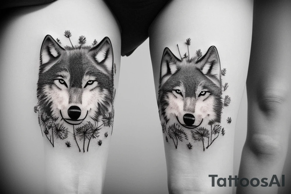 wolf in the forest with dandelion tattoo idea