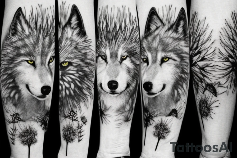 wolf in the forest with dandelion tattoo idea