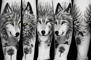 wolf in the forest with dandelion tattoo idea