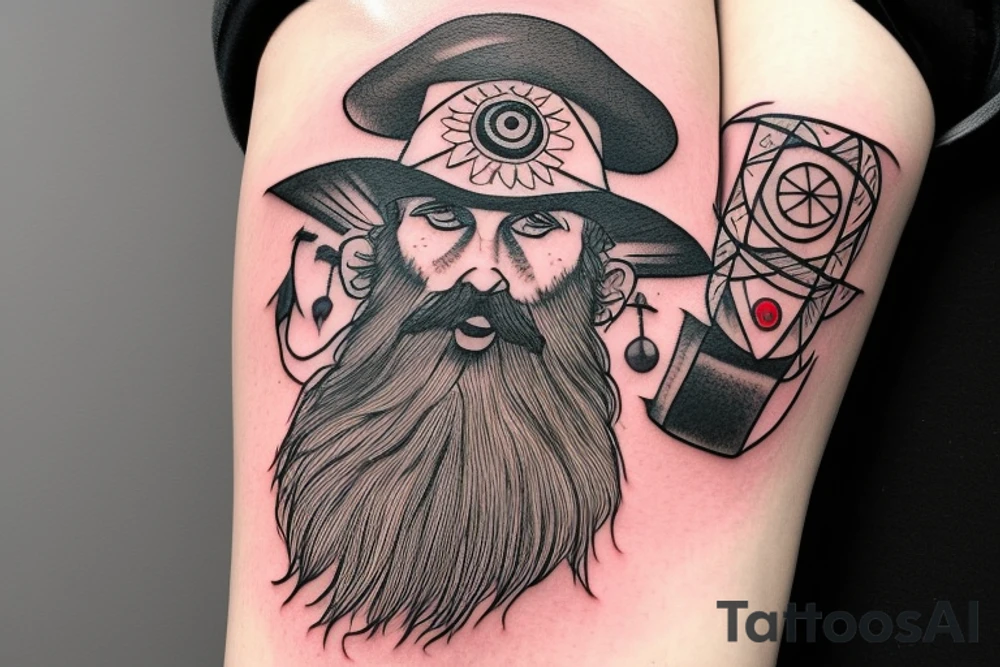 A bearded wizard with a hat and with a third eye coming out of a thromboid Portal tattoo idea