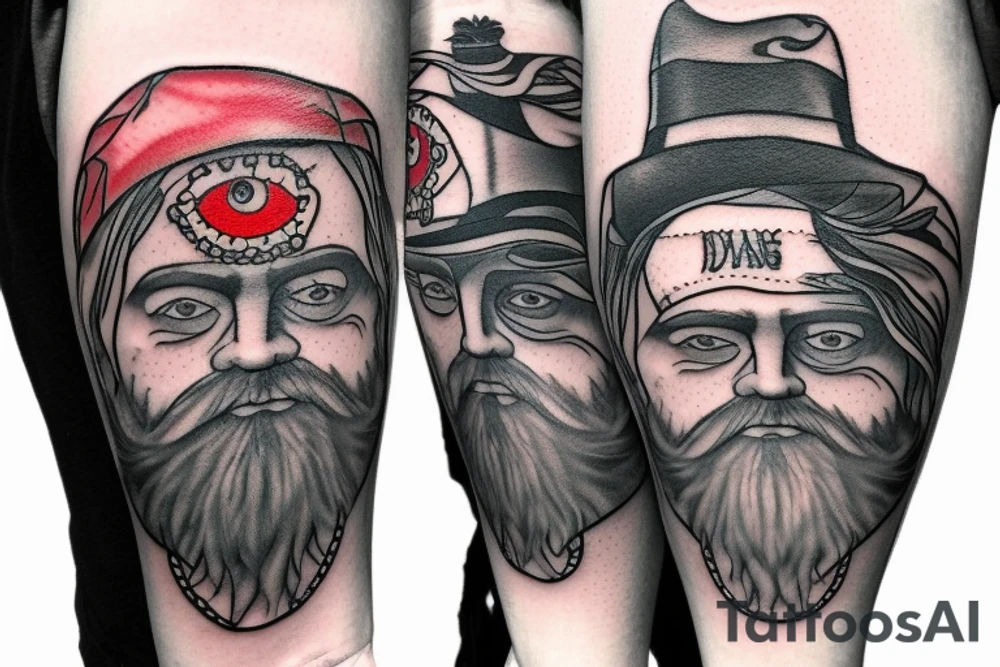A bearded wizard with a hat and with a third eye coming out of a thromboid Portal tattoo idea