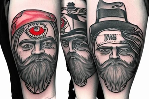 A bearded wizard with a hat and with a third eye coming out of a thromboid Portal tattoo idea