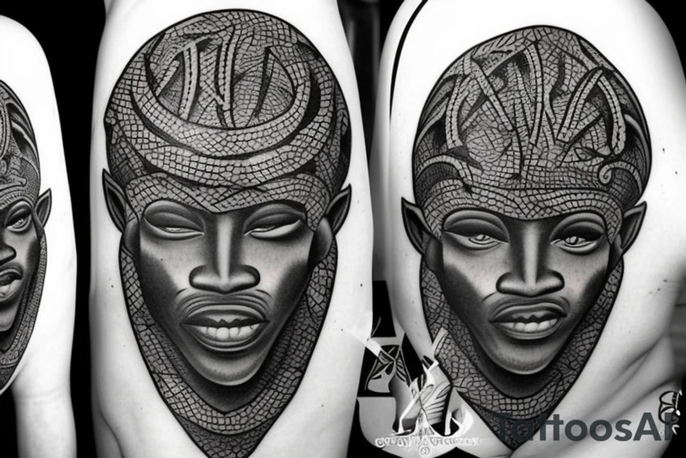African themed god with hidden satan tattoo idea