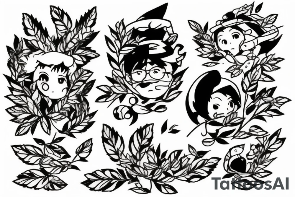 Universe of hayao Miyazaki and olive leafs for arm tattoo idea