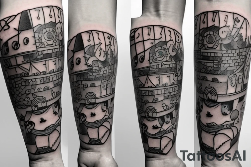 A tattoo for an arm, with ponyo, a robot from the castle in the sky, the moving castle in the universe of Hayao Miyazaki all surrounded by olive leaves. tattoo idea