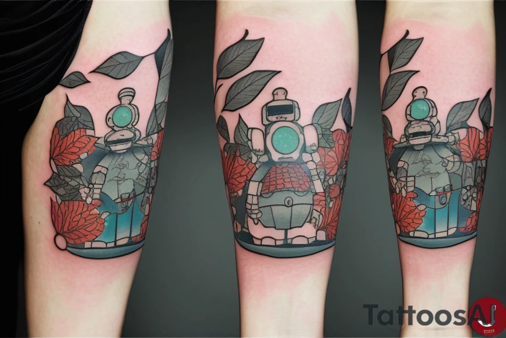 A tattoo for an arm, with ponyo, a robot from the castle in the sky, the moving castle in the universe of Hayao Miyazaki all surrounded by olive leaves. tattoo idea
