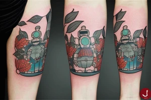 A tattoo for an arm, with ponyo, a robot from the castle in the sky, the moving castle in the universe of Hayao Miyazaki all surrounded by olive leaves. tattoo idea