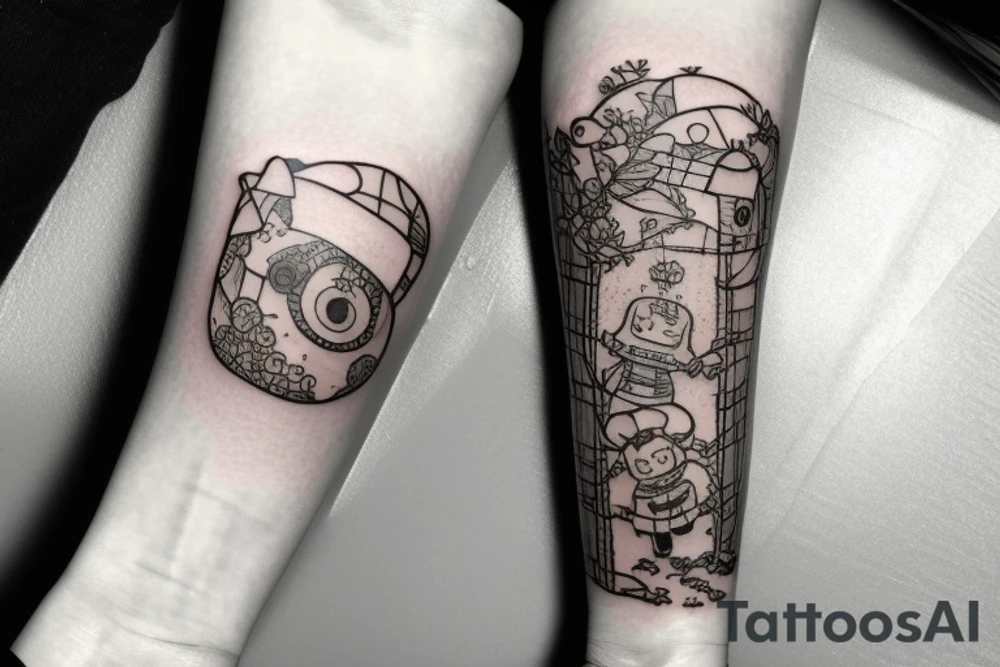A tattoo for an arm, with ponyo, a robot from the castle in the sky, the moving castle in the universe of Hayao Miyazaki all surrounded by olive leaves. tattoo idea