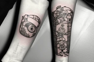 A tattoo for an arm, with ponyo, a robot from the castle in the sky, the moving castle in the universe of Hayao Miyazaki all surrounded by olive leaves. tattoo idea