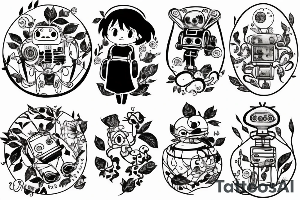 A tattoo for an arm, with ponyo, a robot from the castle in the sky, the moving castle in the universe of Hayao Miyazaki all surrounded by olive leaves. tattoo idea
