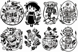 A tattoo for an arm, with ponyo, a robot from the castle in the sky, the moving castle in the universe of Hayao Miyazaki all surrounded by olive leaves. tattoo idea