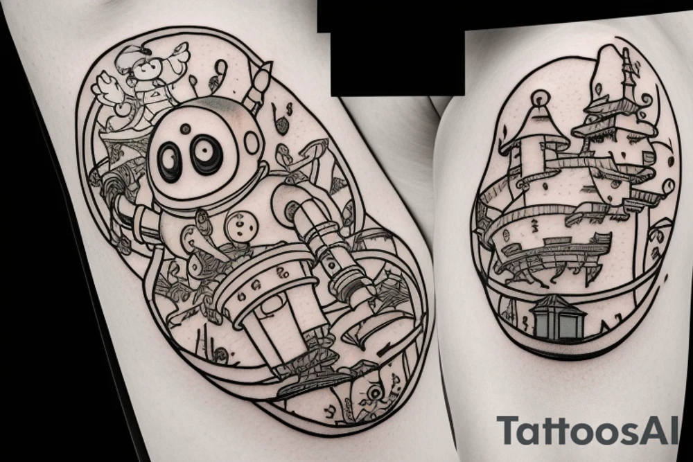 A tattoo for an arm, with ponyo, a robot from the castle in the sky, the moving castle in the universe of Hayao Miyazaki all surrounded by olive leaves. tattoo idea