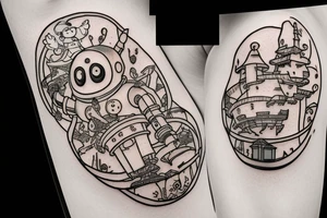 A tattoo for an arm, with ponyo, a robot from the castle in the sky, the moving castle in the universe of Hayao Miyazaki all surrounded by olive leaves. tattoo idea