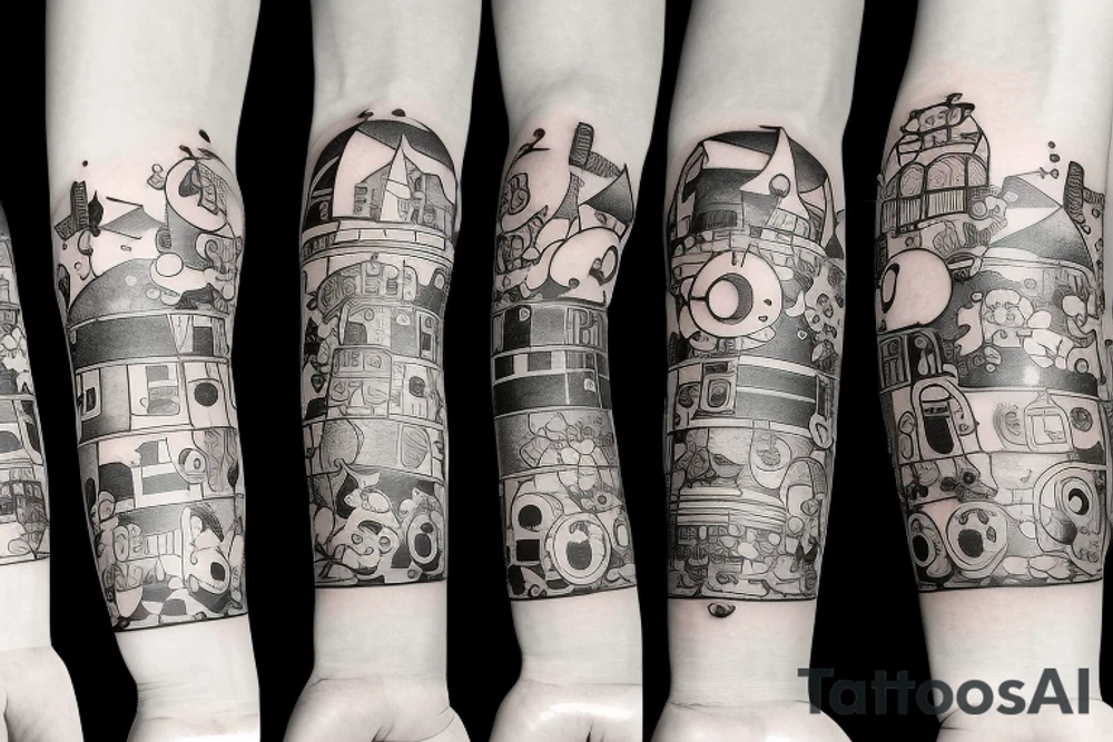 A tattoo for an arm, with ponyo, a robot from the castle in the sky, the moving castle in the universe of Hayao Miyazaki all surrounded by olive leaves. tattoo idea