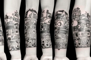 A tattoo for an arm, with ponyo, a robot from the castle in the sky, the moving castle in the universe of Hayao Miyazaki all surrounded by olive leaves. tattoo idea