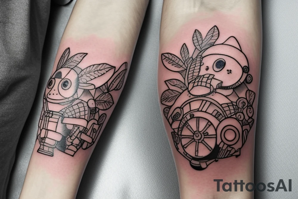 A tattoo for an arm, with ponyo, a robot from the castle in the sky, the moving castle in the universe of Hayao Miyazaki all surrounded by olive leaves. tattoo idea