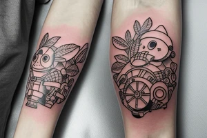 A tattoo for an arm, with ponyo, a robot from the castle in the sky, the moving castle in the universe of Hayao Miyazaki all surrounded by olive leaves. tattoo idea