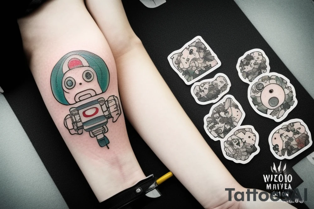 A tattoo for an arm, with ponyo, a robot from the castle in the sky, the moving castle in the universe of Hayao Miyazaki all surrounded by olive leaves. tattoo idea