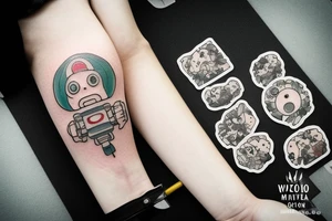 A tattoo for an arm, with ponyo, a robot from the castle in the sky, the moving castle in the universe of Hayao Miyazaki all surrounded by olive leaves. tattoo idea