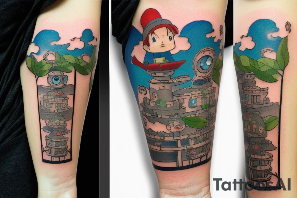 A tattoo for an arm, with ponyo, a robot from the castle in the sky, the moving castle in the universe of Hayao Miyazaki all surrounded by olive leaves. tattoo idea