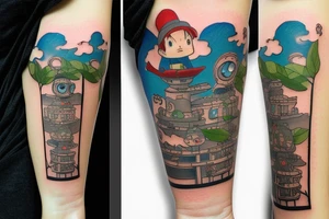 A tattoo for an arm, with ponyo, a robot from the castle in the sky, the moving castle in the universe of Hayao Miyazaki all surrounded by olive leaves. tattoo idea