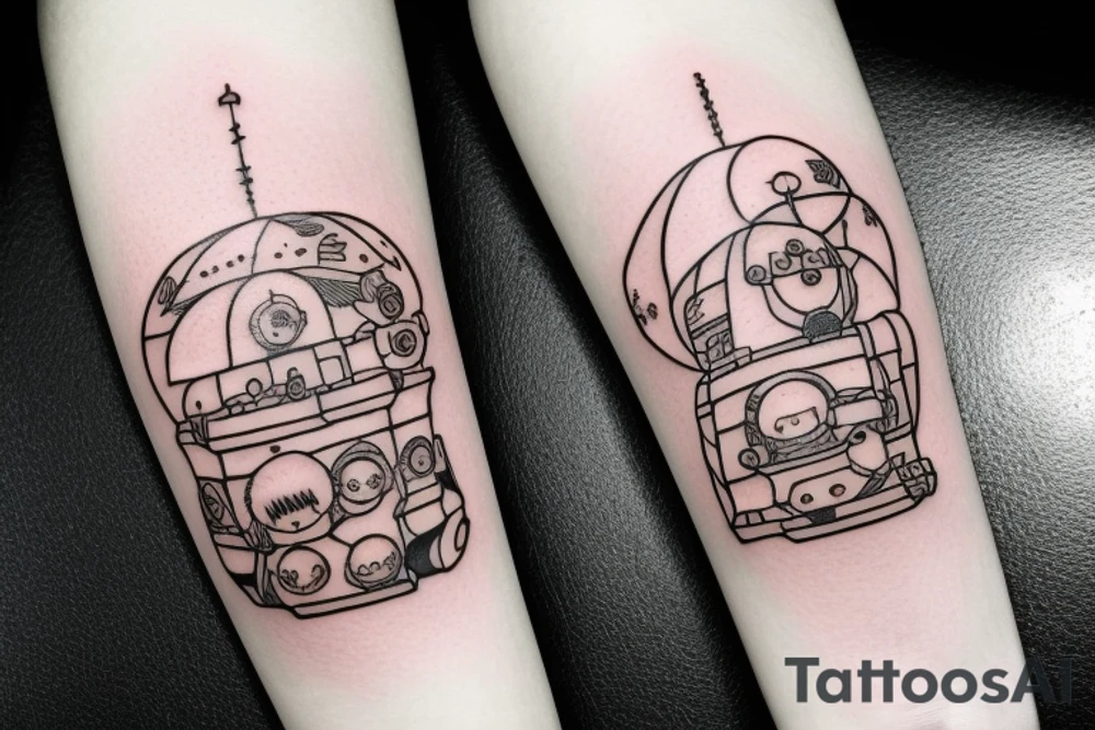 A tattoo for an arm, with ponyo, a robot from the castle in the sky, the moving castle in the universe of Hayao Miyazaki all surrounded by olive leaves. tattoo idea