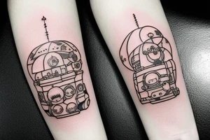 A tattoo for an arm, with ponyo, a robot from the castle in the sky, the moving castle in the universe of Hayao Miyazaki all surrounded by olive leaves. tattoo idea