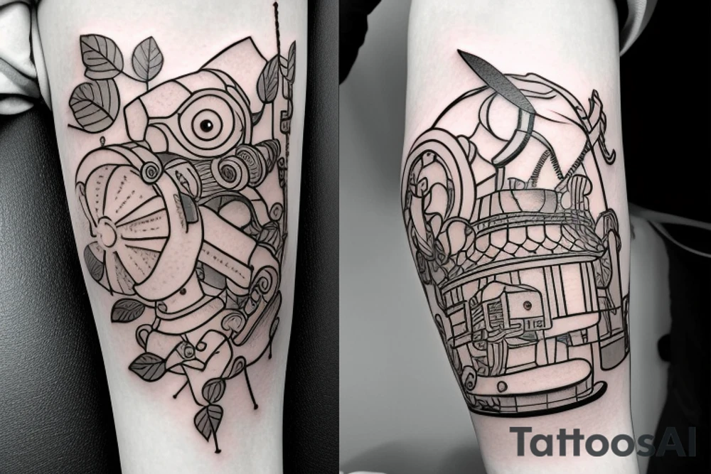 A tattoo for an arm, with ponyo, a robot from the castle in the sky, the moving castle in the universe of Hayao Miyazaki all surrounded by olive leaves. tattoo idea