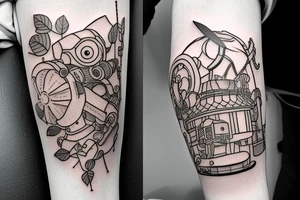 A tattoo for an arm, with ponyo, a robot from the castle in the sky, the moving castle in the universe of Hayao Miyazaki all surrounded by olive leaves. tattoo idea
