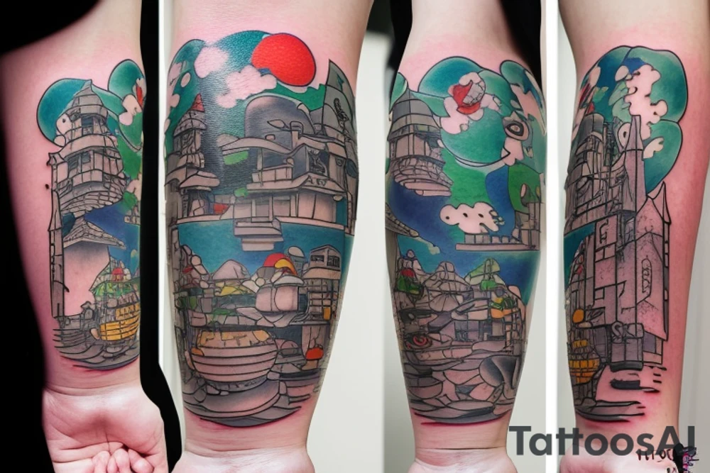 A tattoo for an arm, with ponyo, a robot from the castle in the sky, the moving castle in the universe of Hayao Miyazaki all surrounded by olive leaves. tattoo idea