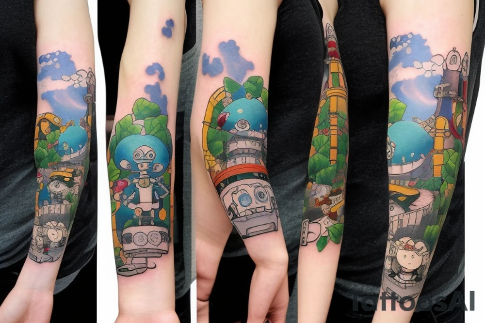 A tattoo for an arm, with ponyo, a robot from the castle in the sky, the moving castle in the universe of Hayao Miyazaki all surrounded by olive leaves. tattoo idea