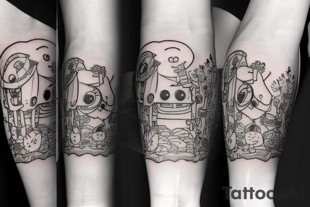 A tattoo for an arm, with ponyo, a robot from the castle in the sky, the moving castle in the universe of Hayao Miyazaki all surrounded by olive leaves. tattoo idea