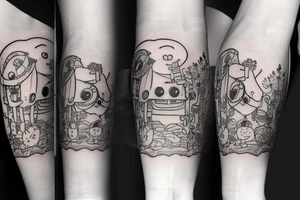 A tattoo for an arm, with ponyo, a robot from the castle in the sky, the moving castle in the universe of Hayao Miyazaki all surrounded by olive leaves. tattoo idea