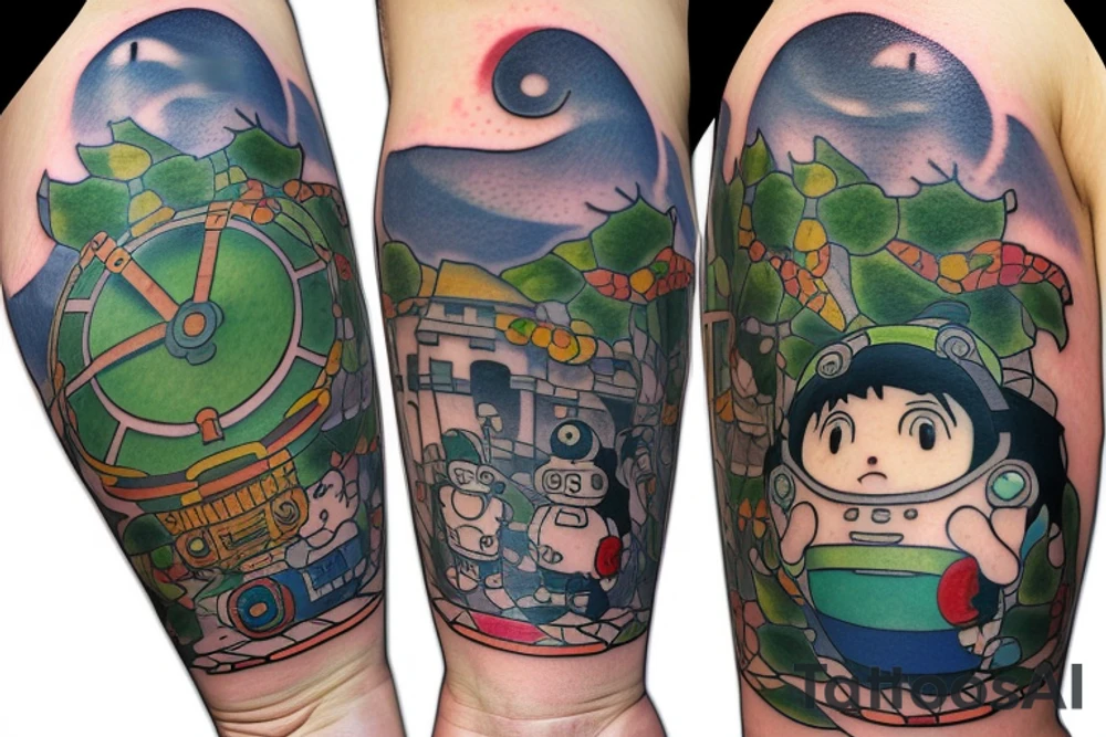 A tattoo for an arm, with ponyo, a robot from the castle in the sky, the moving castle in the universe of Hayao Miyazaki all surrounded by olive leaves. tattoo idea